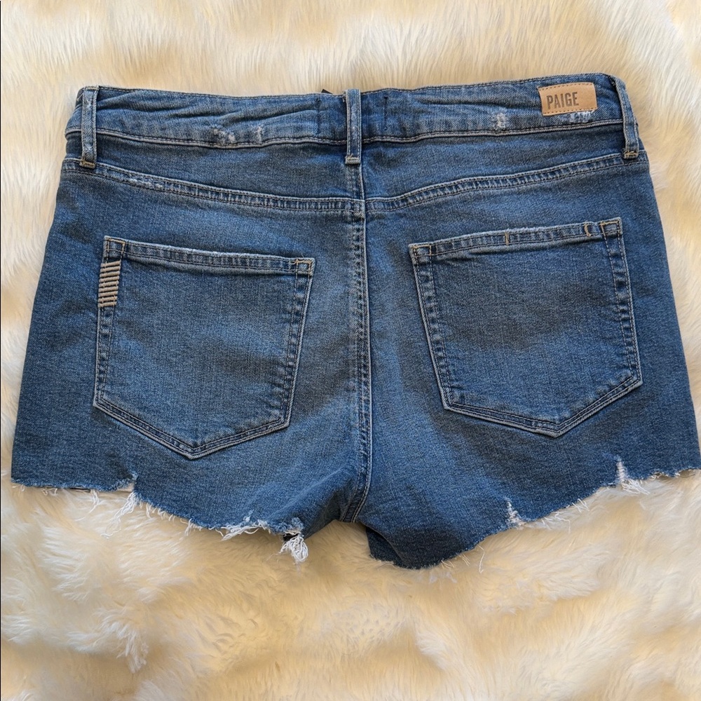 PAIGE Blue Distressed Jean Shorts - Picture 4 of 5
